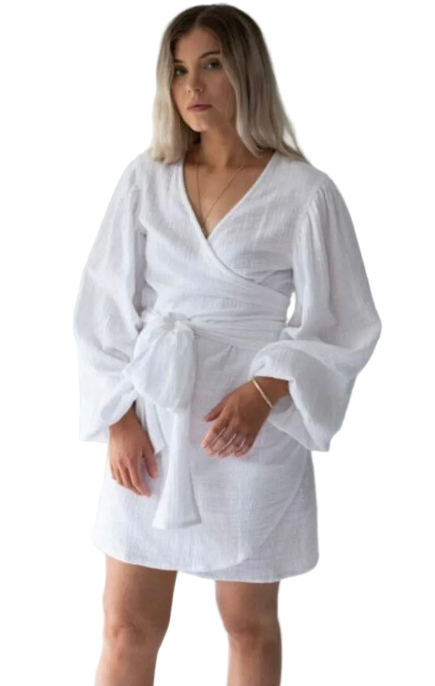 Beiged White Linen Wrap Dress - Size S/M